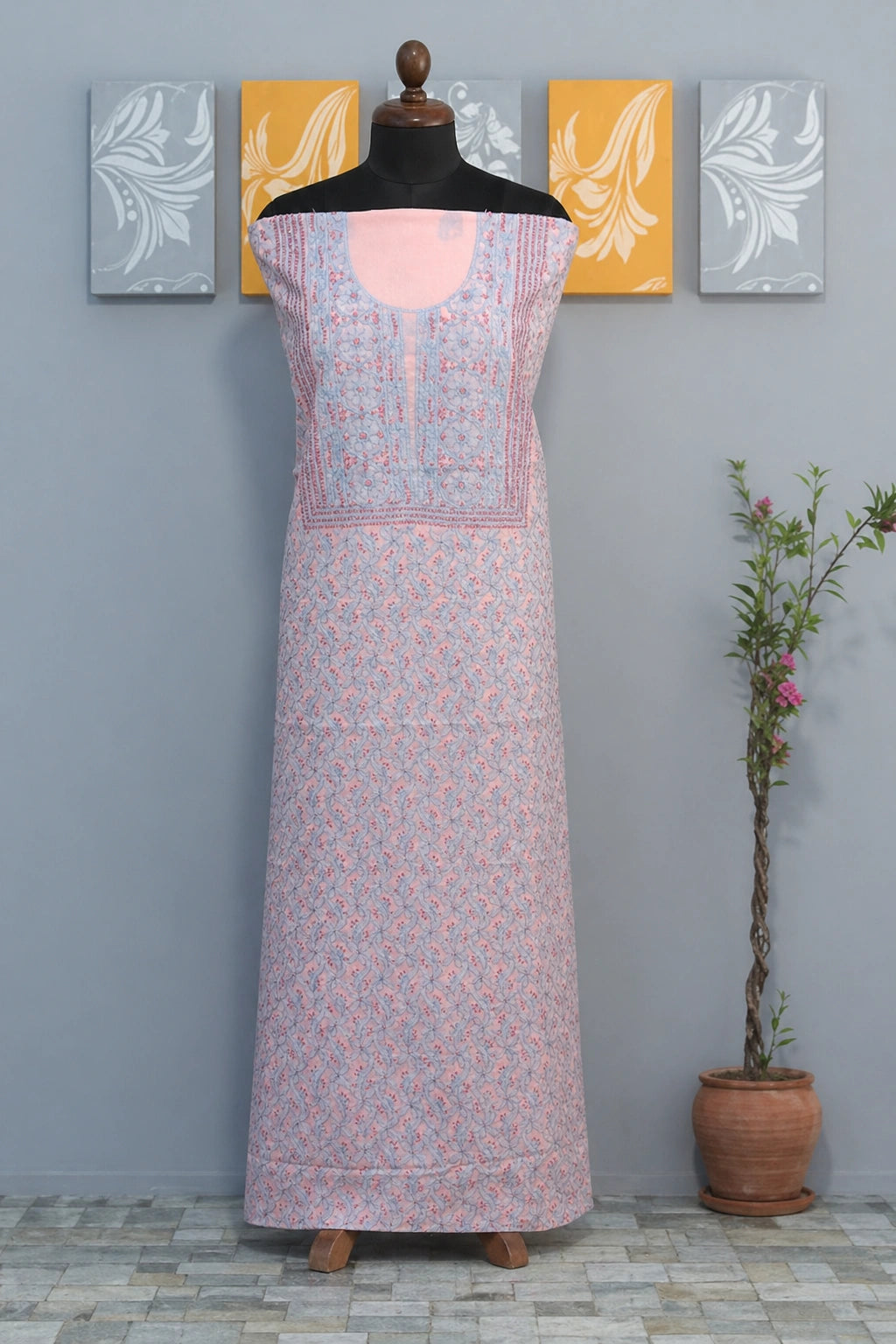 Lucknow Fashion Diary Hand Embroidered Lucknowi Chikankari Women's Unstitched Peach Cotton Kurta Fabric 