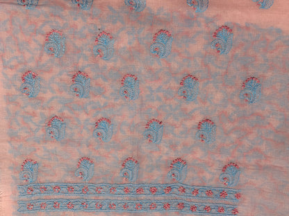lucknowi chikankari Patterned fabric with blue and red designs on a pink background