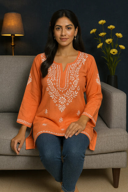 Lucknow Fashion Diary Hand Embroidered Lucknowi Chikankari Women's Peach Rayon Short Kurti 