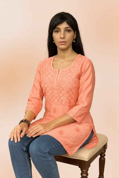 Lucknow Fashion Diary Hand Embroidered Lucknowi Chikankari Women's Peach Chanderi Short Kurti 