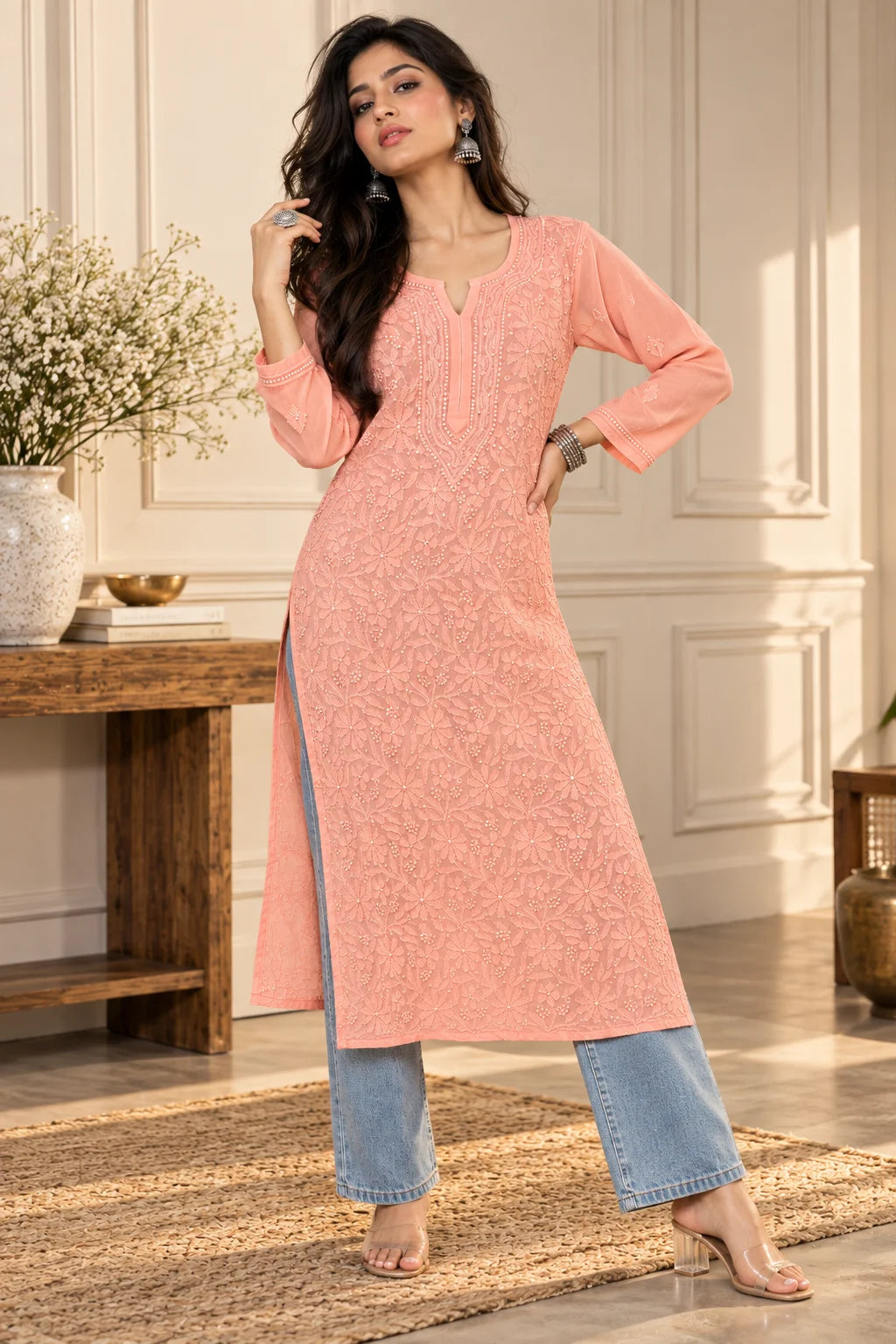 Lucknow Fashion Diary Hand Embroidered Lucknowi Chikankari Women's Peach Viscose Kurta
