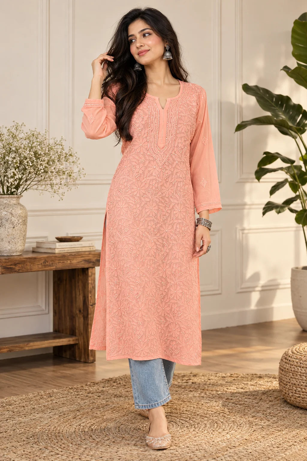 A woman models a light peach embroidered kurta with three-quarter sleeves and a round neckline, paired with blue jeans and beige heels in a bright, modern indoor setting.