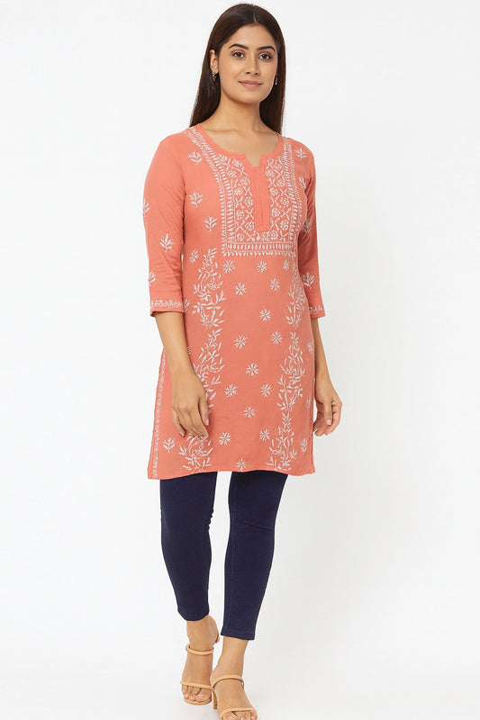Lucknow Fashion Diary Hand Embroidered Lucknowi Chikankari Women's Peach Viscose Short Kurti 