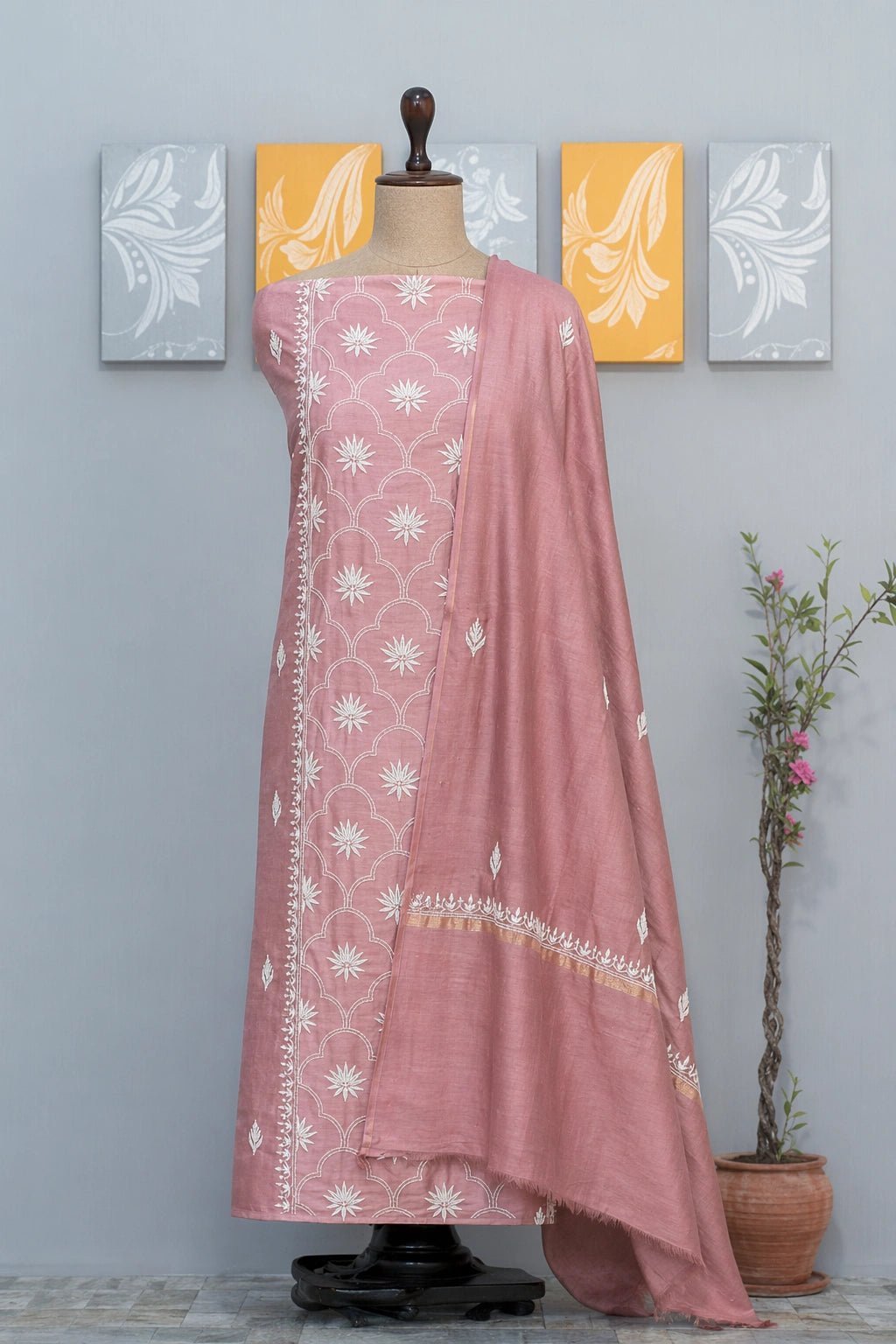 Lucknow Fashion Diary Hand Embroidered Lucknowi Chikankari Women's Unstitched Pastel Pink Chanderi Kurta Dupatta Fabric 