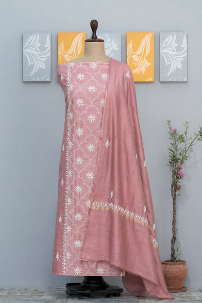 Lucknow Fashion Diary Hand Embroidered Lucknowi Chikankari Women's Unstitched Pastel Pink Chanderi Kurta Dupatta Fabric 