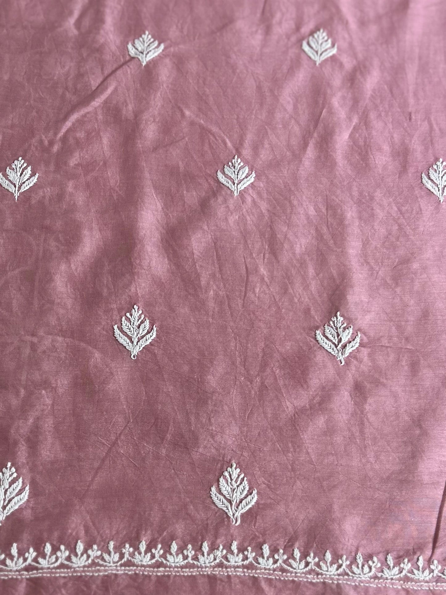 lucknowi chikankari Mauve fabric with white leaf patterns