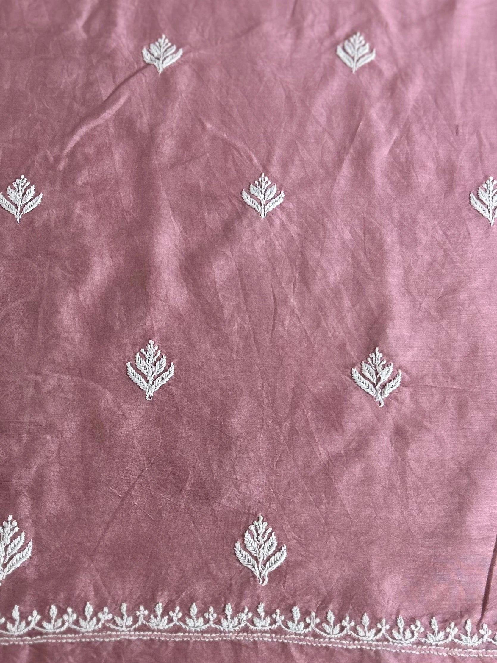 lucknowi chikankari Mauve fabric with white leaf patterns