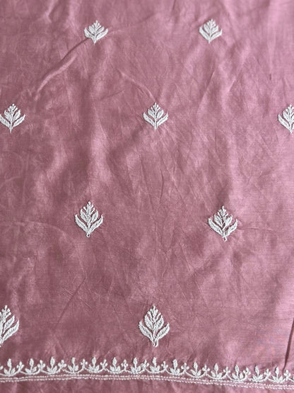 lucknowi chikankari Mauve fabric with white leaf patterns