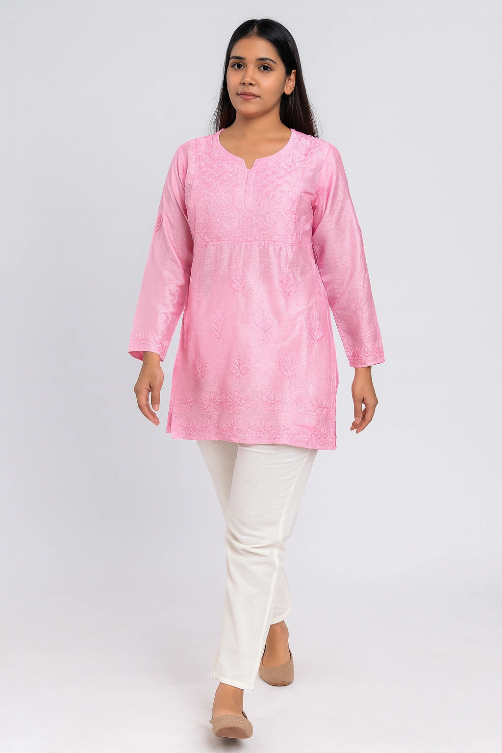 Lucknow Fashion Diary Hand Embroidered Lucknowi Chikankari Women's Pink Chanderi Short Kurti 