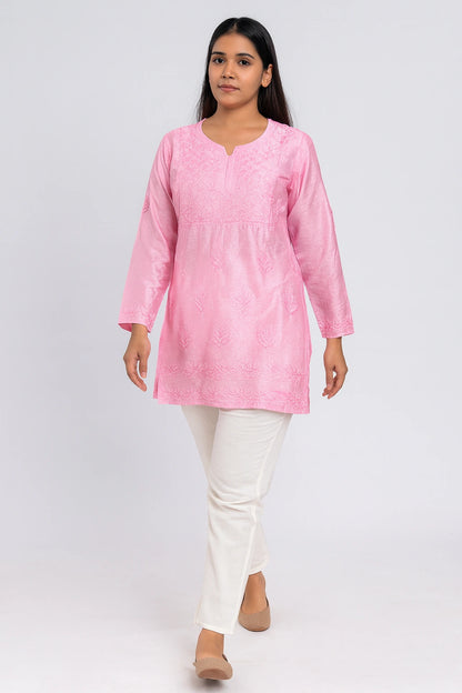 Lucknow Fashion Diary Hand Embroidered Lucknowi Chikankari Women's Pink Chanderi Short Kurti 