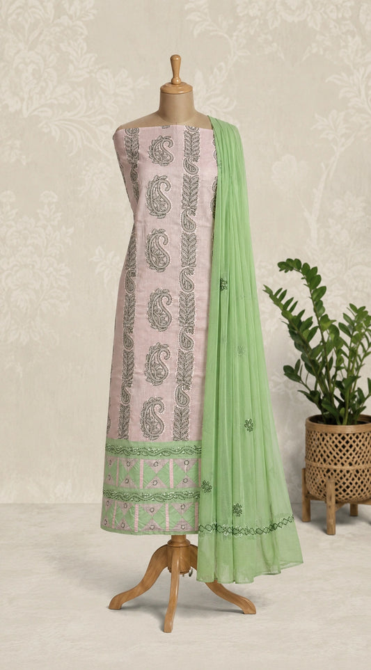 Lucknow Fashion Diary Hand Embroidered Lucknowi Chikankari Women's Unstitched Pink Cotton Kurta
 Dupatta Bottom Fabric 