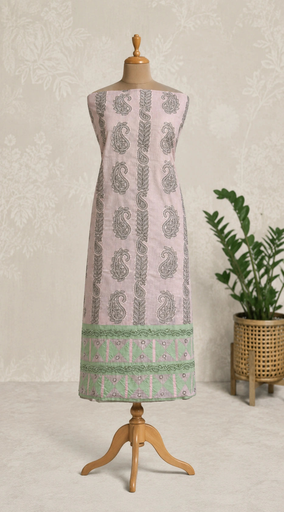 Lucknowi chikankari Light pink dress with green pattern on a mannequin against a light background