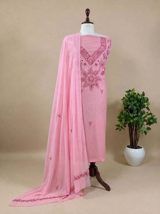 Lucknow Fashion Diary Hand Embroidered Lucknowi Chikankari Women's Unstitched Pink Cotton Kurta
 Dupatta Bottom Fabric 