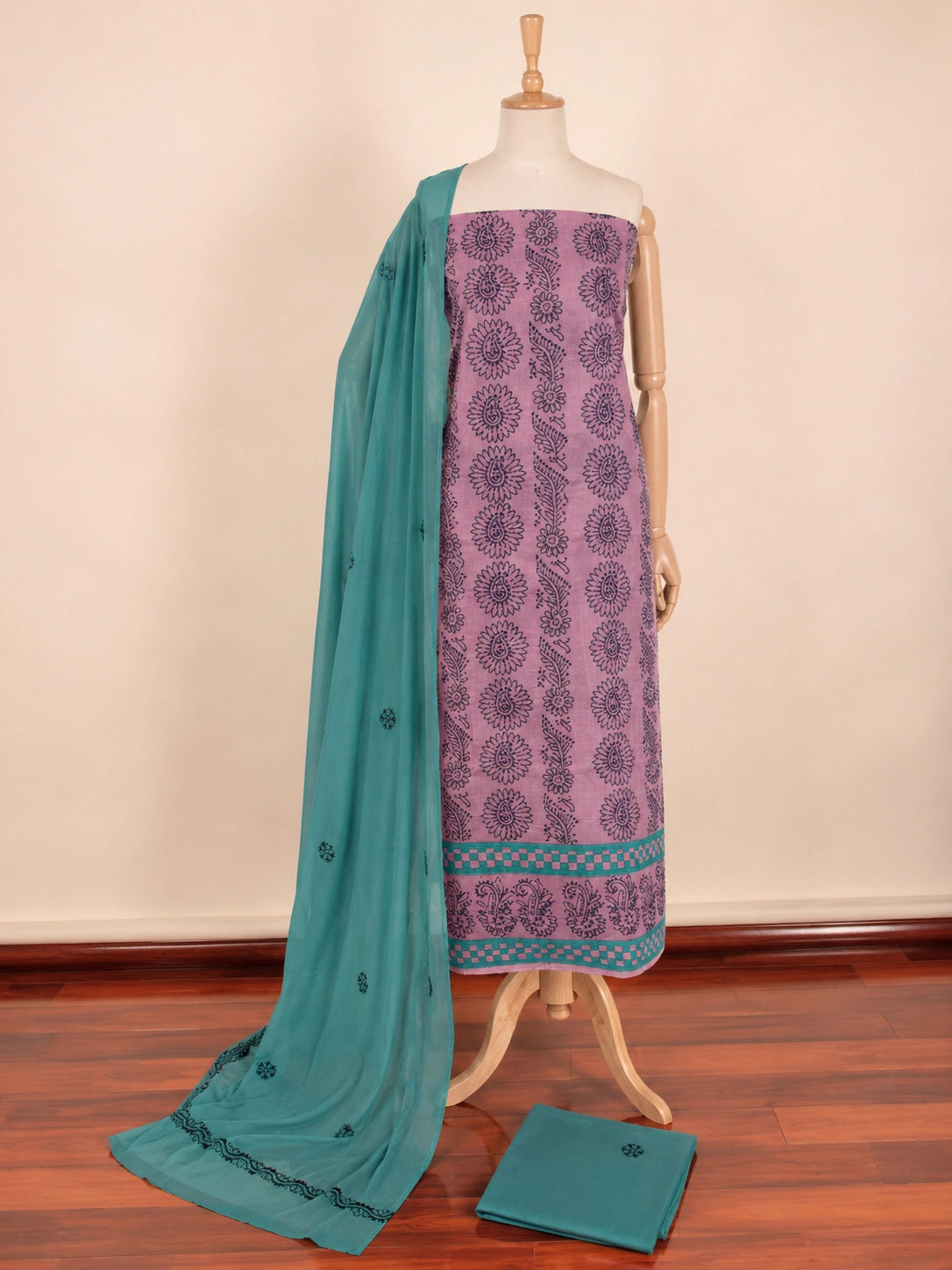 Lucknow Fashion Diary Hand Embroidered Lucknowi Chikankari Women's Unstitched Pink Cotton Kurta
 Dupatta Bottom Fabric 