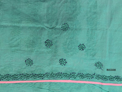 Lucknowi chikankari Teal fabric with black floral patterns and a pink border