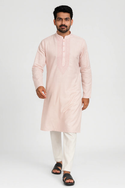 Lucknow Fashion Diary Hand Embroidered Lucknowi Chikankari Men's Pink Cotton Kurta