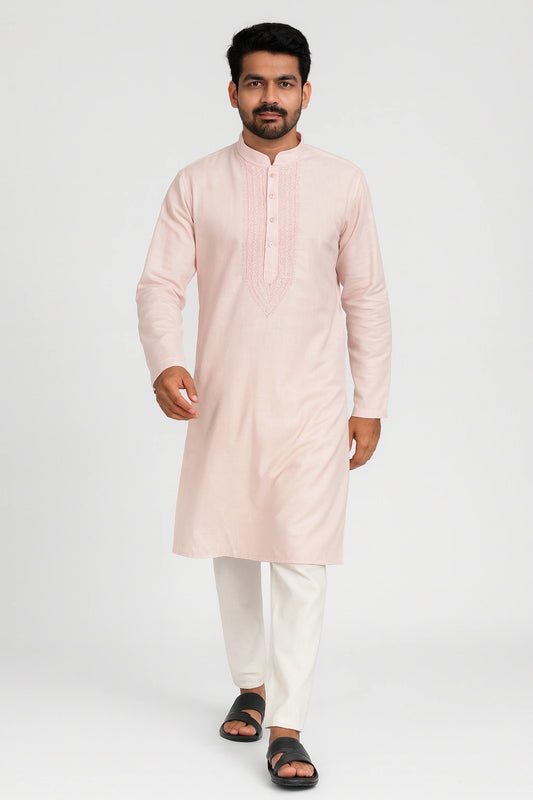 Lucknow Fashion Diary Hand Embroidered Lucknowi Chikankari Men's Pink Cotton Kurta