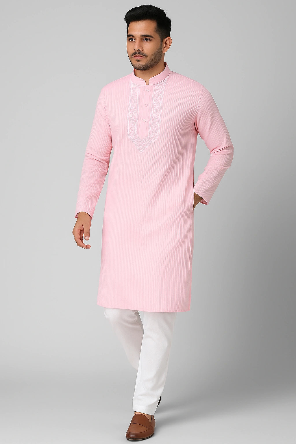Lucknow Fashion Diary Hand Embroidered Lucknowi Chikankari Men's Pink Cotton Kurta