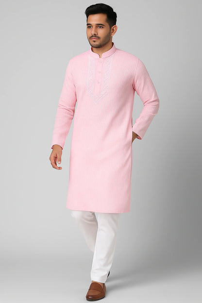 Lucknow Fashion Diary Hand Embroidered Lucknowi Chikankari Men's Pink Cotton Kurta