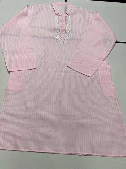 lucknowi chikankari Pink striped shirt with decorative neckline on a light gray background