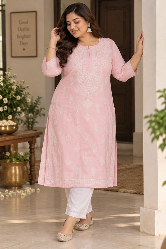 Lucknow Fashion Diary Hand Embroidered Lucknowi Chikankari Women's Plus Size Pink Cotton Kurti 