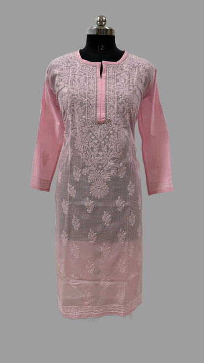 A pink embroidered kurta displayed on a black dress form mannequin against a solid gray background. The kurta features a sheer floral lace overlay over a solid pink inner fabric, with a pink buttoned placket and matching pink sleeves.