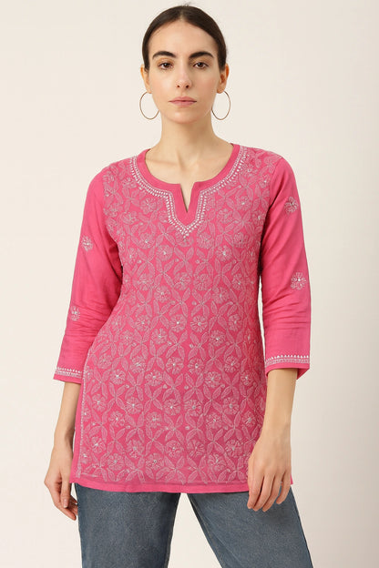 Lucknow Fashion Diary Hand Embroidered Lucknowi Chikankari Women's Pink Cotton Short Kurti 