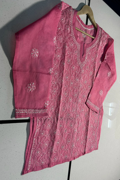 Pink embroidered traditional outfit on a hanger against a white background