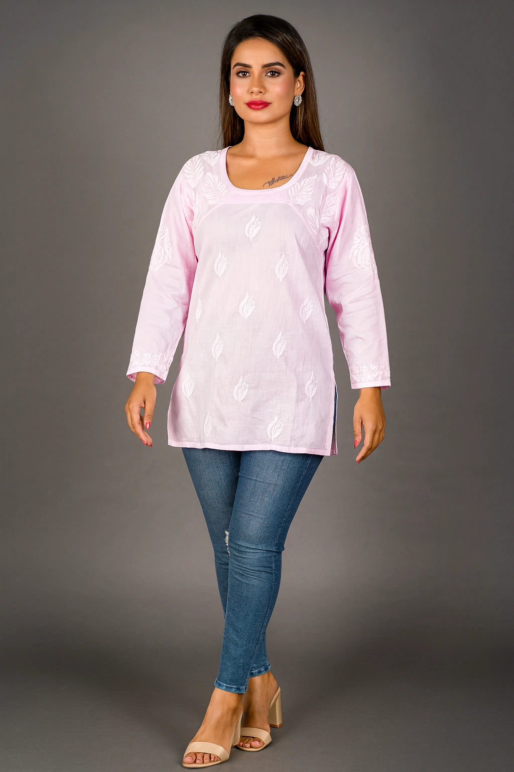 Lucknow Fashion Diary Hand Embroidered Lucknowi Chikankari Women's Pink Cotton Short Kurti 