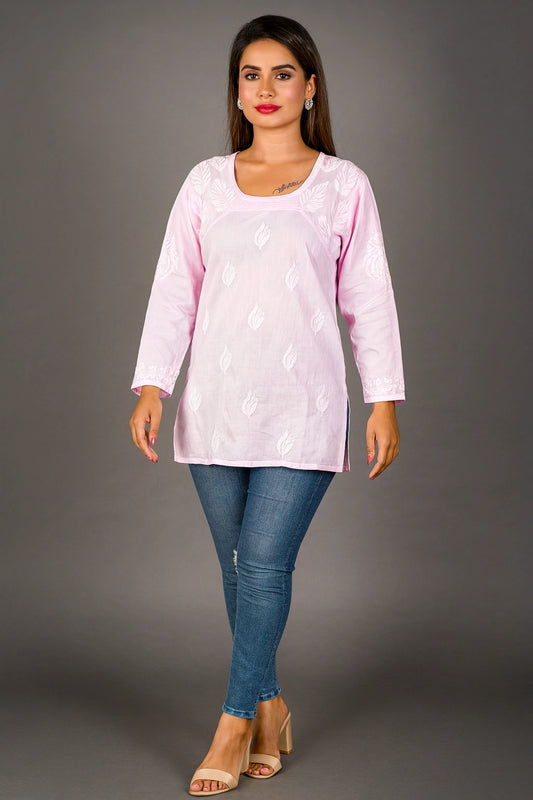 Lucknow Fashion Diary Hand Embroidered Lucknowi Chikankari Women's Pink Cotton Short Kurti 