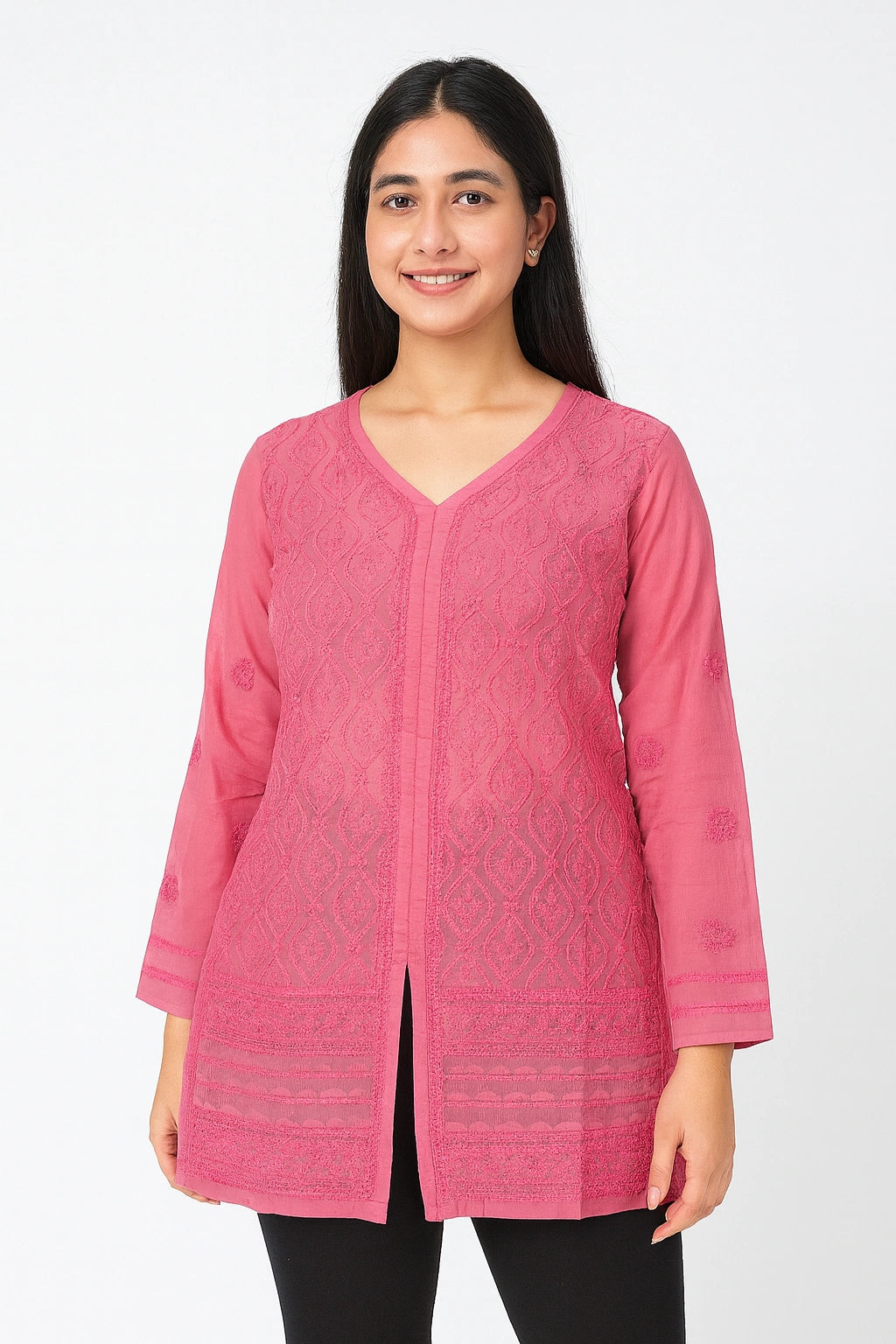 Lucknow Fashion Diary Hand Embroidered Lucknowi Chikankari Women's Pink Cotton Short Kurti 