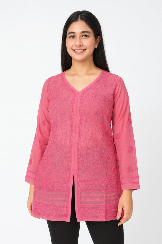 Lucknow Fashion Diary Hand Embroidered Lucknowi Chikankari Women's Pink Cotton Short Kurti 