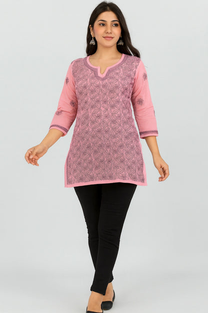 Lucknow Fashion Diary Hand Embroidered Lucknowi Chikankari Women's Pink Cotton Short Kurti 