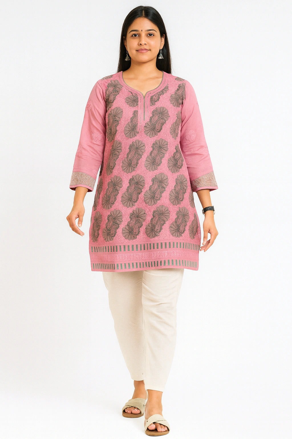 Lucknow Fashion Diary Hand Embroidered Lucknowi Chikankari Women's Pink Cotton Short Kurti 