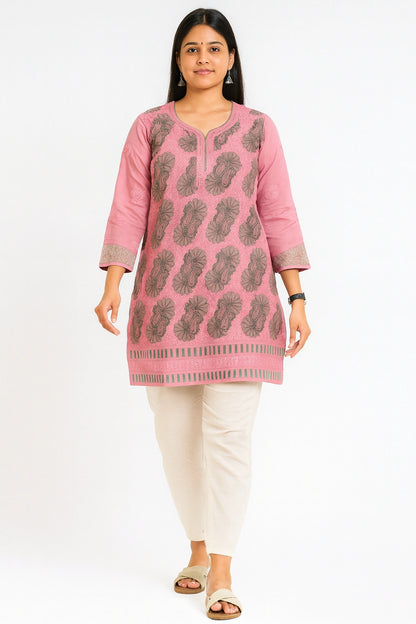 Lucknow Fashion Diary Hand Embroidered Lucknowi Chikankari Women's Pink Cotton Short Kurti 