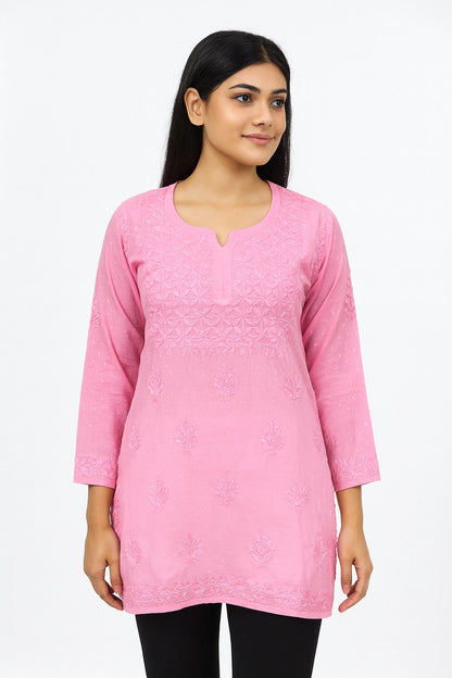 Lucknow Fashion Diary Hand Embroidered Lucknowi Chikankari Women's Pink Dobby Cotton Short Kurti 