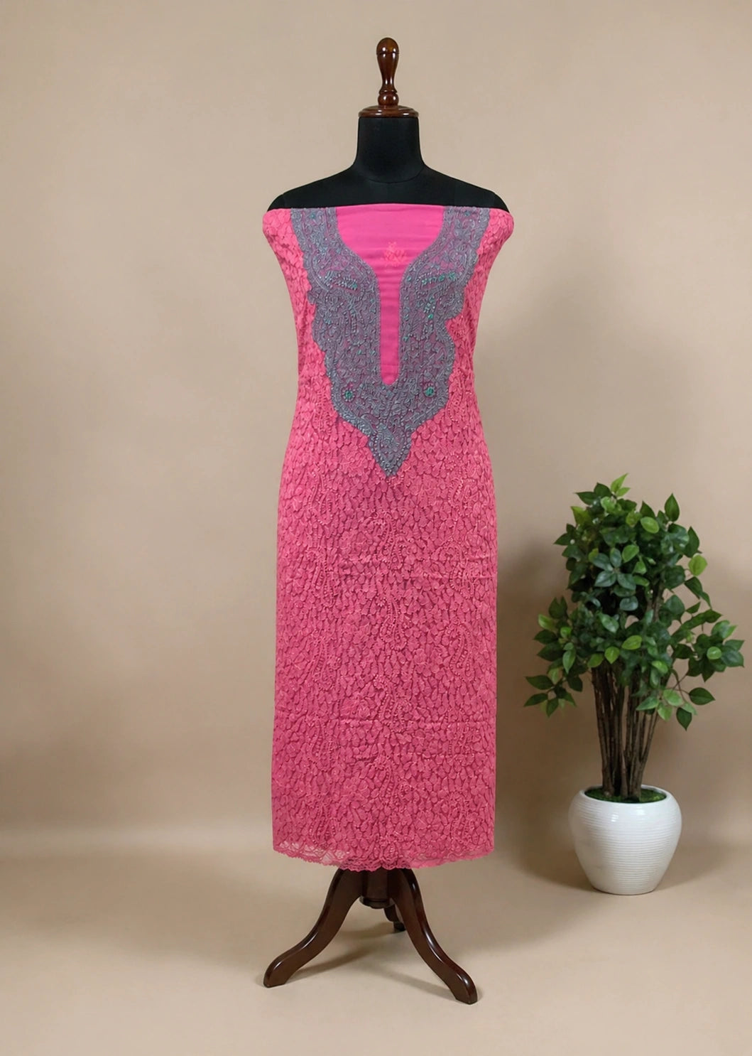Lucknow Fashion Diary Hand Embroidered Lucknowi Chikankari Women's Unstitched Pink Georgette Kurta Fabric 