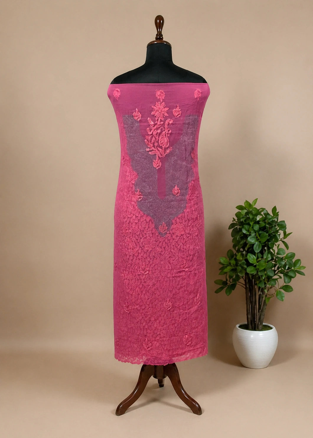 lucknowi chikankari Pink dress on a mannequin with a plant in the background