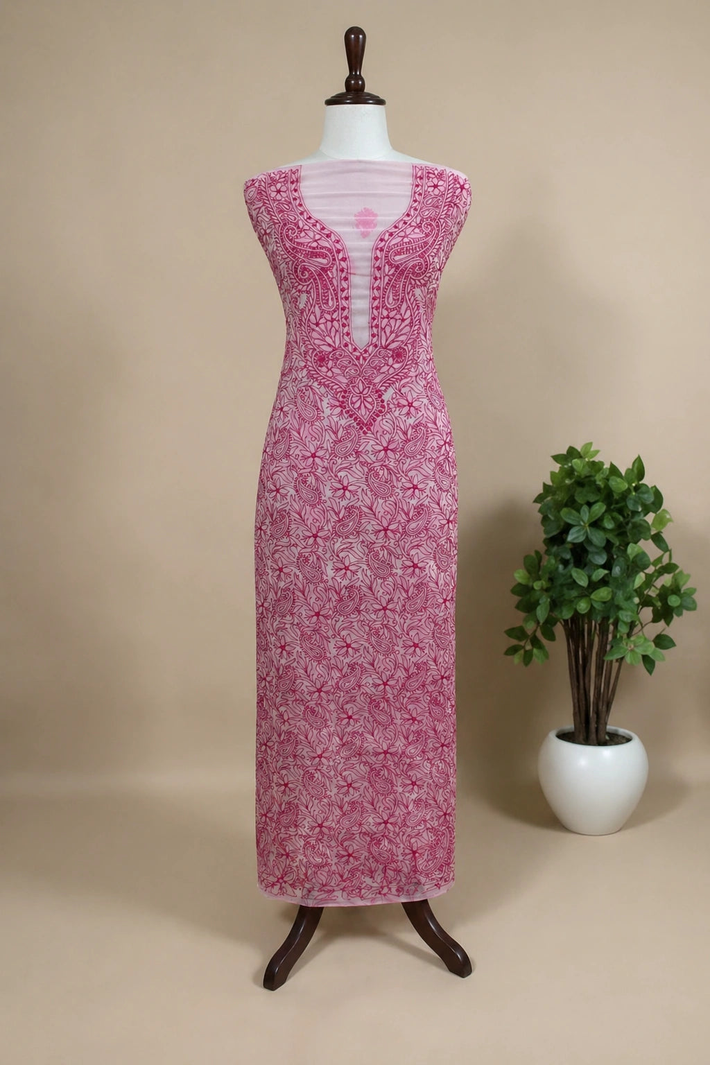 Lucknow Fashion Diary Hand Embroidered Lucknowi Chikankari Women's Unstitched Pink Georgette Kurta Fabric 