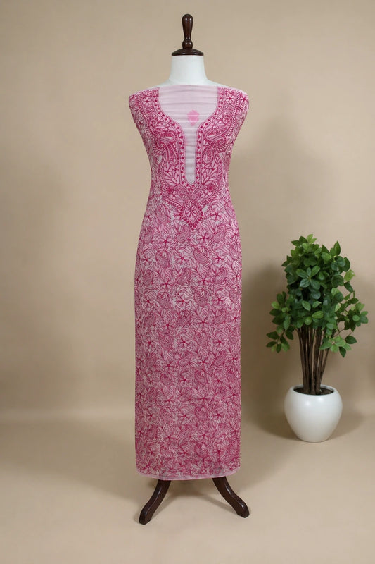 Lucknow Fashion Diary Hand Embroidered Lucknowi Chikankari Women's Unstitched Pink Georgette Kurta Fabric 