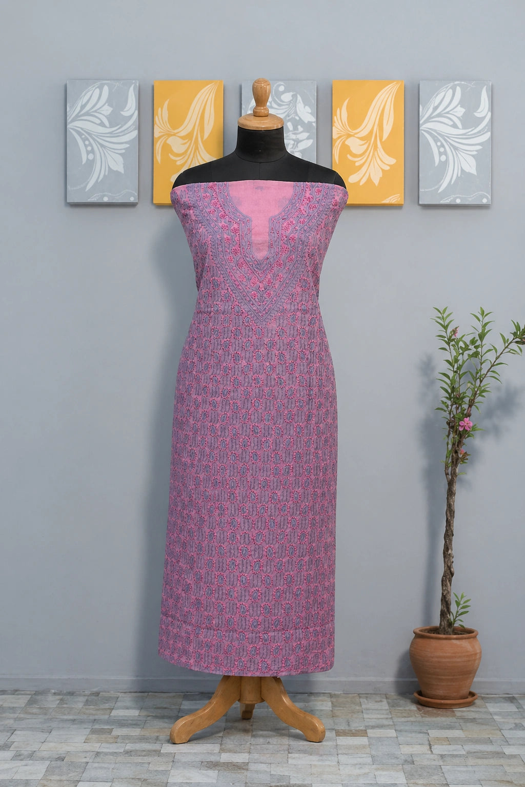 Lucknow Fashion Diary Hand Embroidered Lucknowi Chikankari Women's Unstitched Pink Cotton Kurta Fabric 