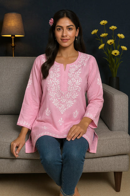 Lucknow Fashion Diary Hand Embroidered Lucknowi Chikankari Women's Pink Rayon Short Kurti 