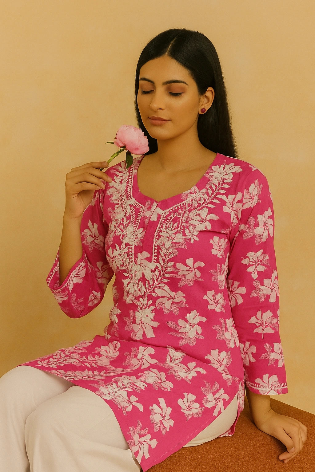 Lucknow Fashion Diary Hand Embroidered Lucknowi Chikankari Women's Pink Cotton Short Kurti 