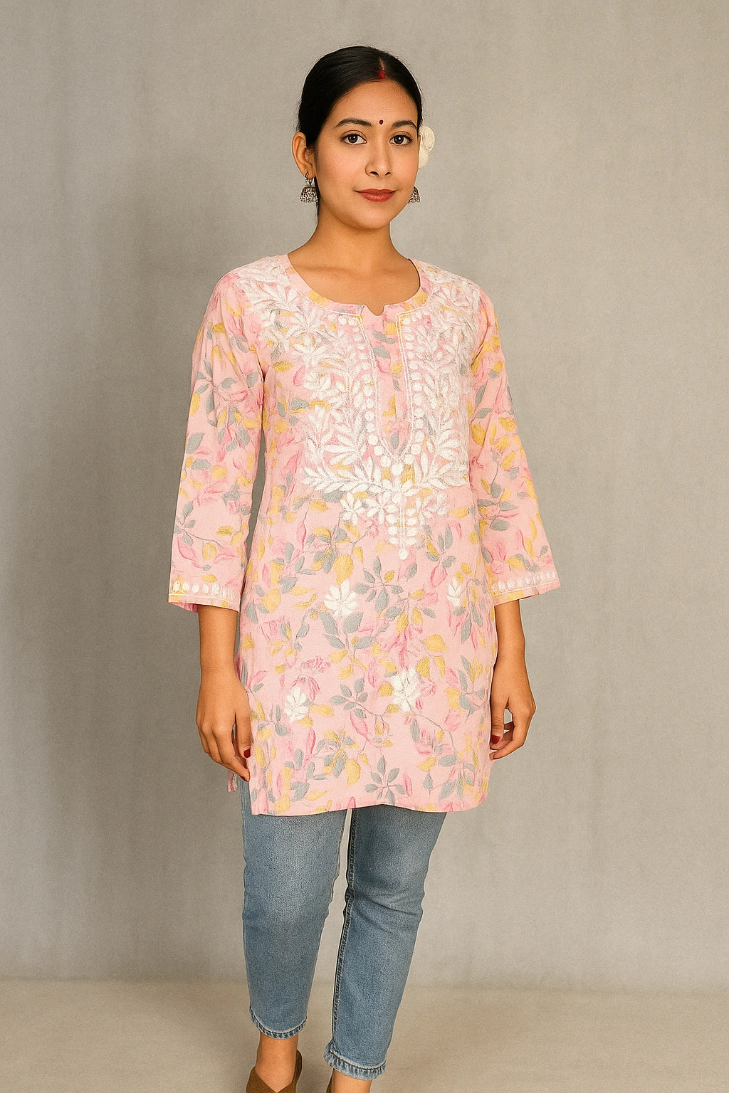Lucknow Fashion Diary Hand Embroidered Lucknowi Chikankari Women's Pink Cotton Short Kurti 