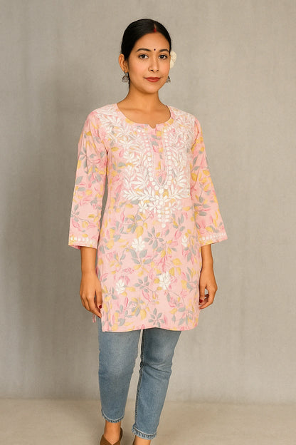 Lucknow Fashion Diary Hand Embroidered Lucknowi Chikankari Women's Pink Cotton Short Kurti 