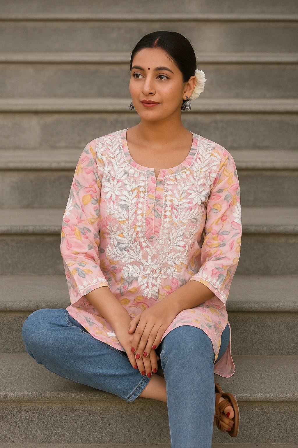 lucknowi chikankari Woman wearing a pink floral blouse sitting on steps