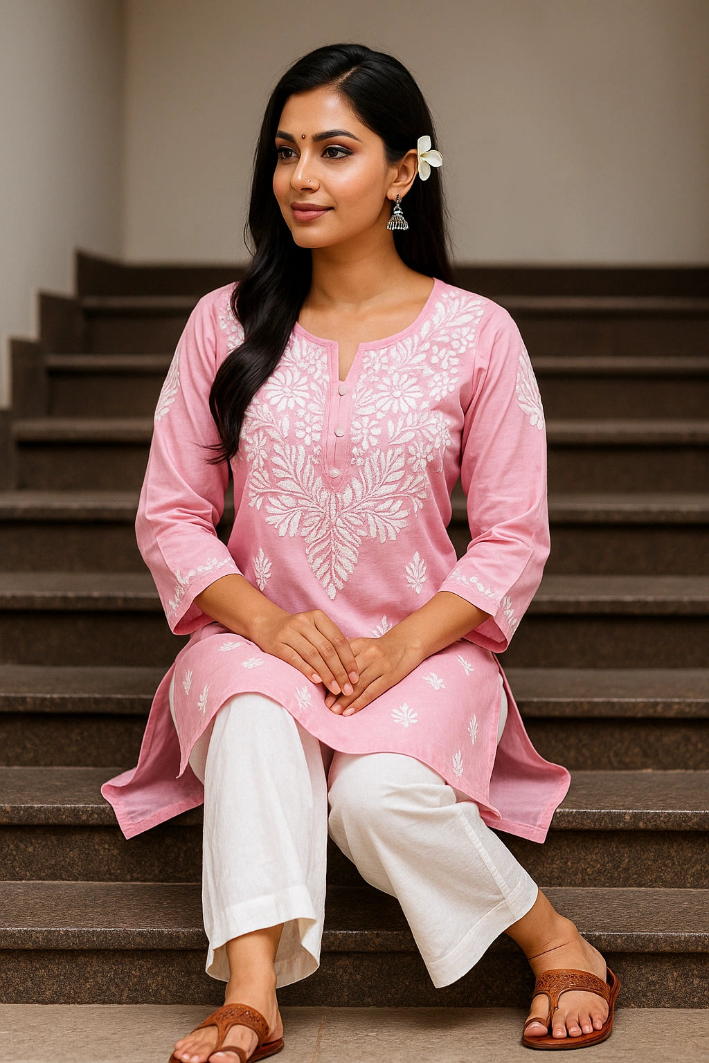 Woman in a pink kurta with white embroidery sitting on stairs.