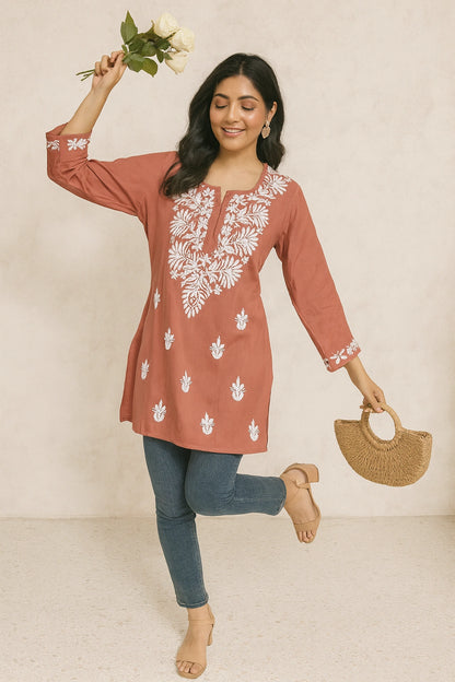 Lucknow Fashion Diary Hand Embroidered Lucknowi Chikankari Women's Pink Modal Short Kurti 