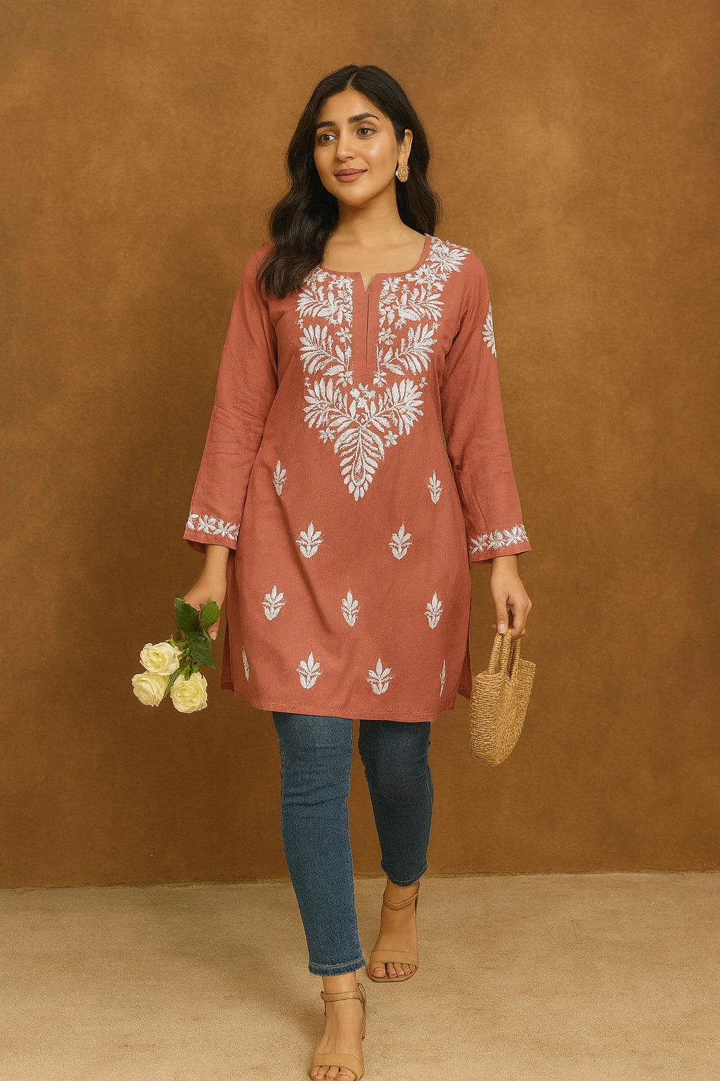 Woman wearing a rust-colored embroidered kurta with blue jeans against a brown background
