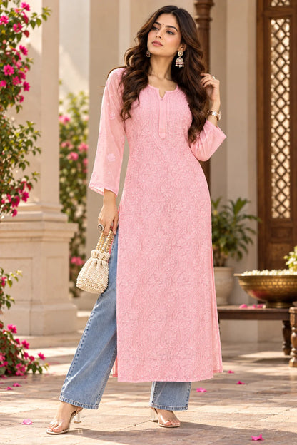 Lucknow Fashion Diary Hand Embroidered Lucknowi Chikankari Women peach Viscose Kurta
